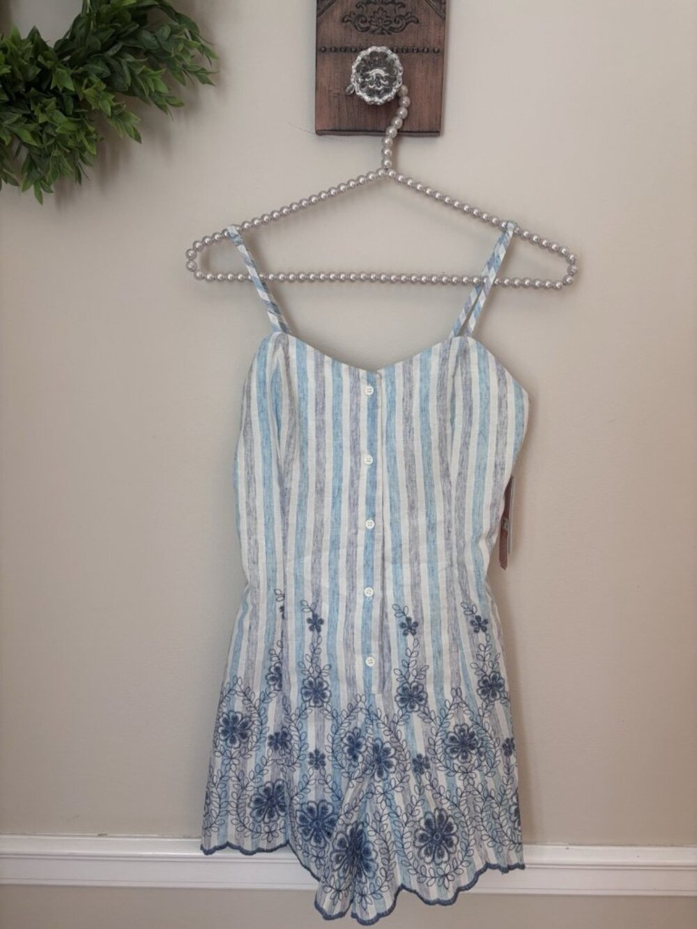 NWT GB Juniors Size XS Romper Blue White Stripe Embroidered Cotton Sleeveless